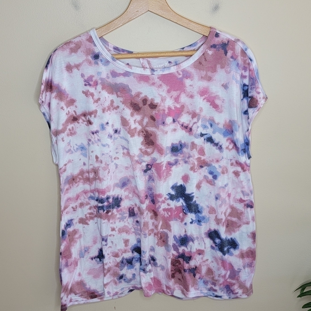 Old Navy Active Pink Navy Tie Dye Cap Sleeve Tee with Open Tie Back Size Large